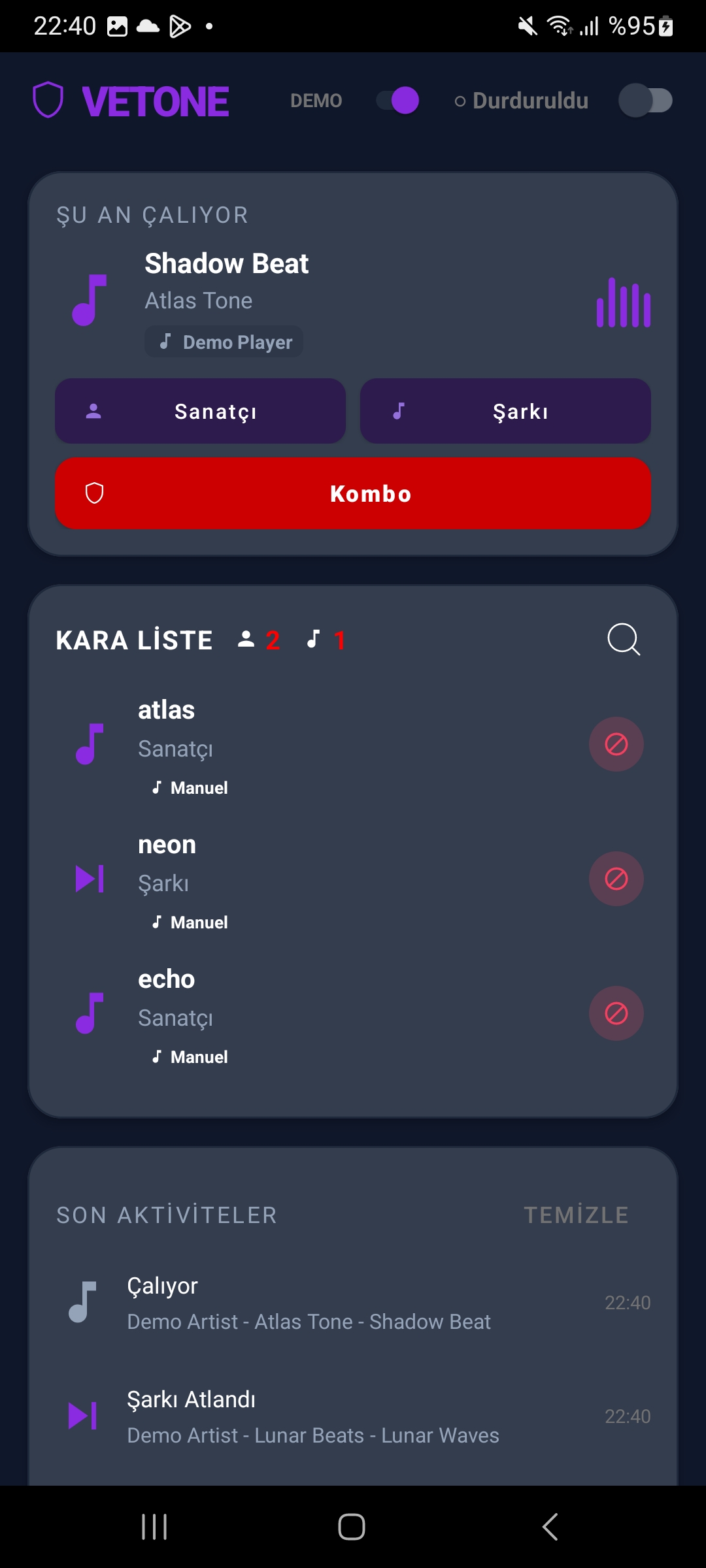 VETONE otomatik skip ve aktivite ekranı