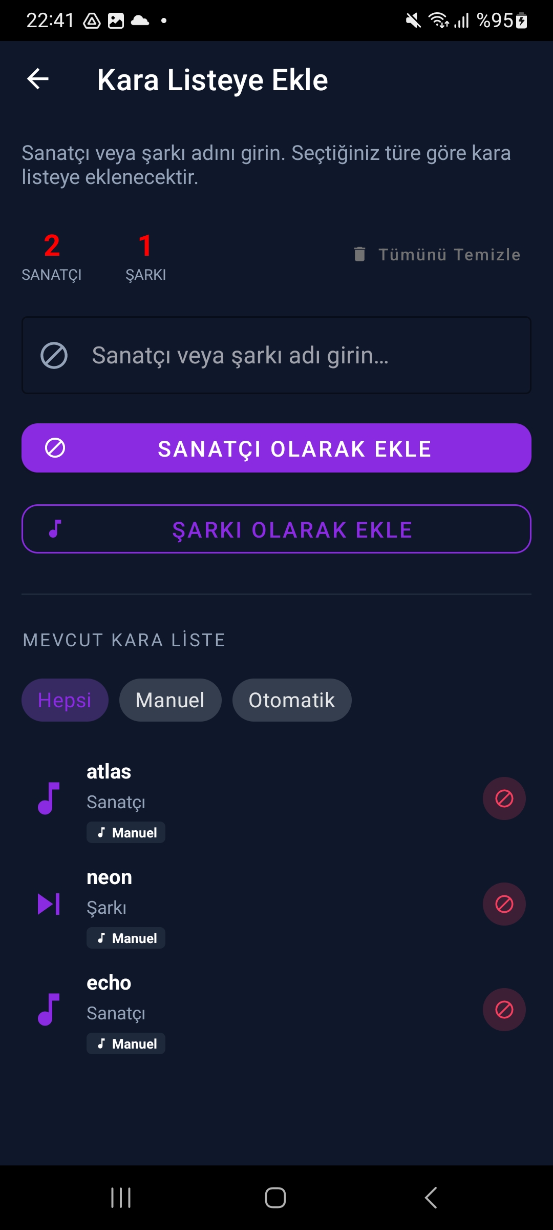 VETONE manuel engelleme ekranı